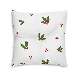 Lifestyle Details - White Square Tufted Holiday Floor Pillow - Red & Green Holly - 30x30 - Back View