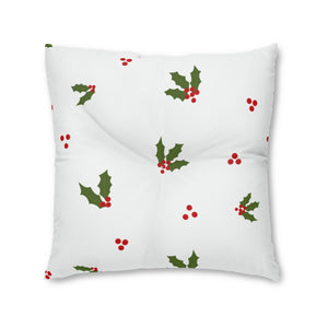 Lifestyle Details - White Square Tufted Holiday Floor Pillow - Red & Green Holly - 30x30 - Front View