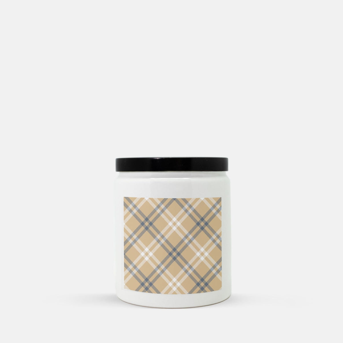 Lifestyle Details - White & Blue Diagonal Plaid Ceramic Candle w Black Lid - Vanilla Bean