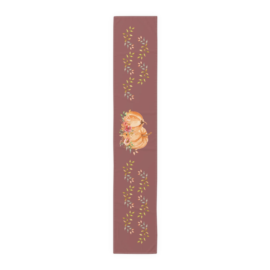 Lifestyle Details - Wine Table Runner - Orange Pumpkins Watercolor Arrangement & Leaves - Small - Front View