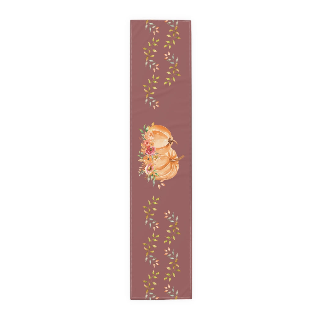 Lifestyle Details - Wine Table Runner - Orange Pumpkins Watercolor Arrangement & Leaves - Small - Front View