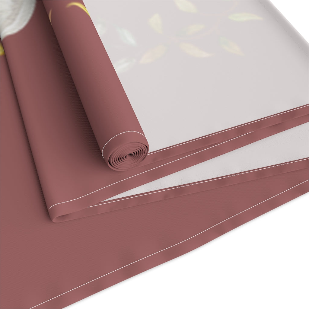 Lifestyle Details - Wine Table Runner - White Pumpkins Watercolor Arrangement & Leaves - Back View