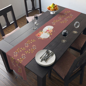Lifestyle Details - Wine Table Runner - White Pumpkins Watercolor Arrangement & Leaves - In Use