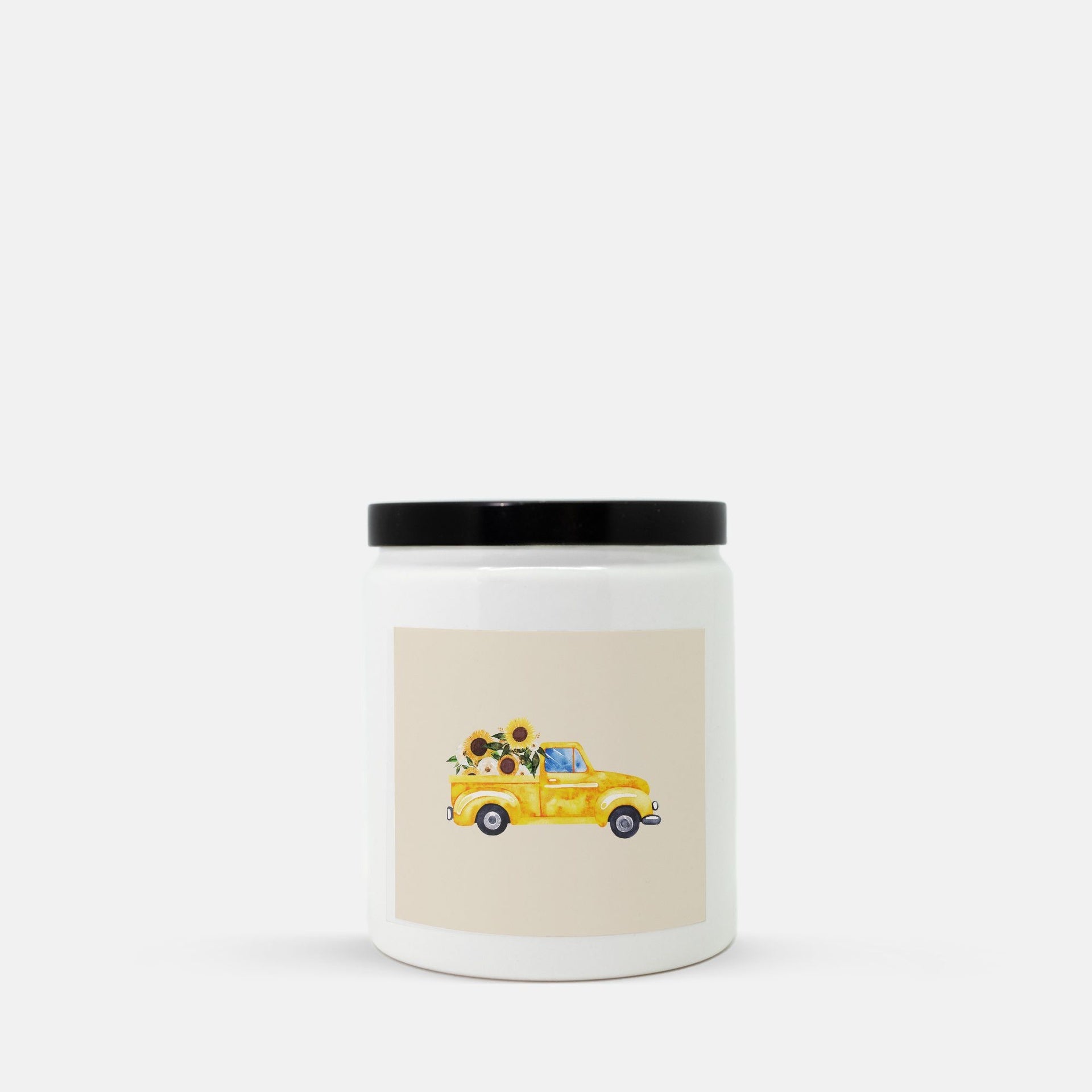 Lifestyle Details - Yellow Rustic Truck Ceramic Candle w Black Lid - Macintosh