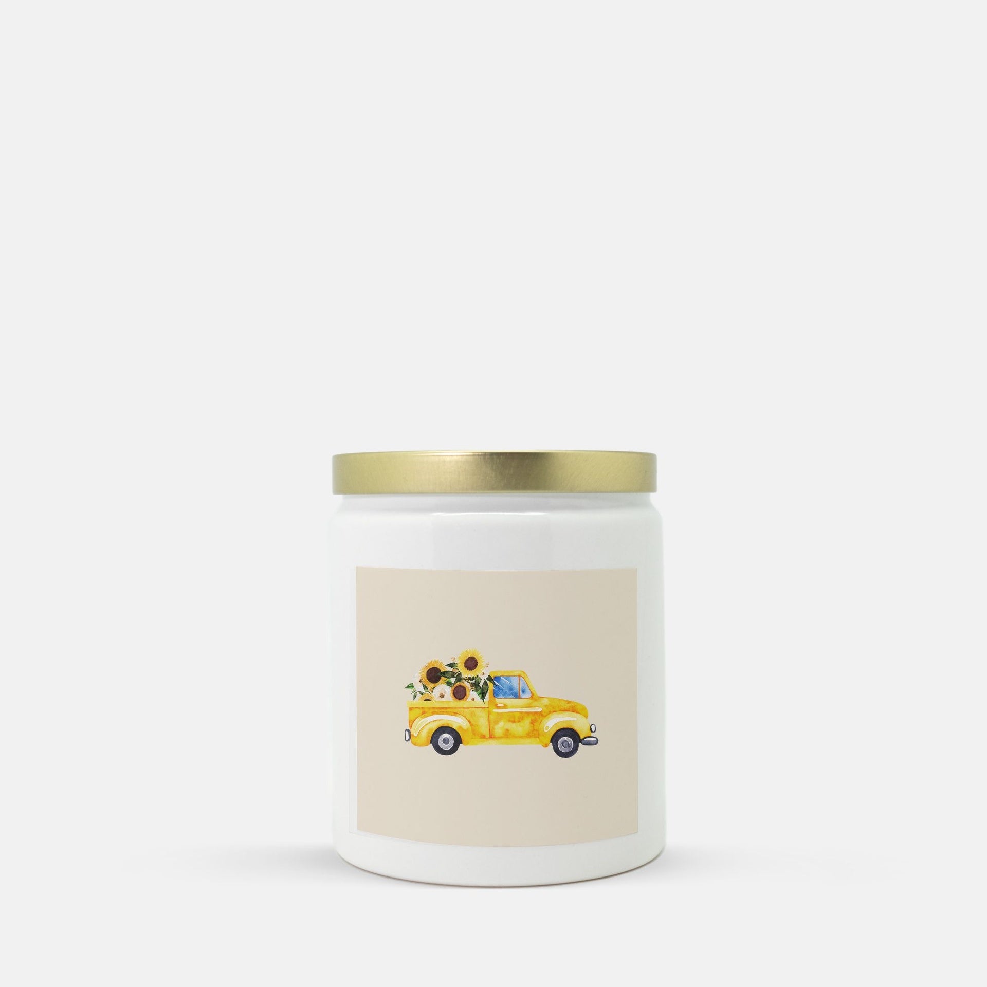 Lifestyle Details - Yellow Rustic Truck Ceramic Candle w Gold Lid - Macintosh