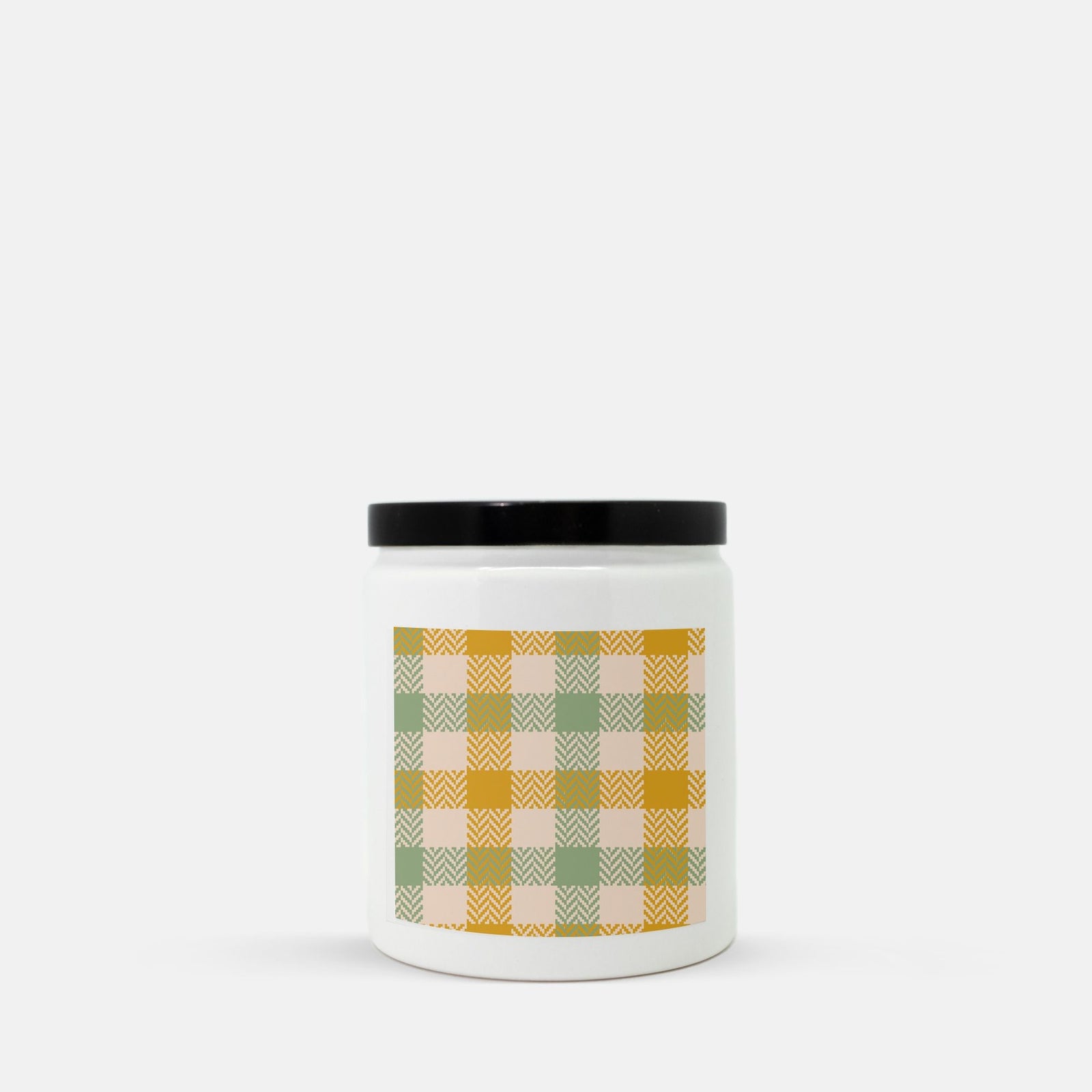 Lifestyle Details - Yellow & Green Plaid Ceramic Candle w Black Lid - Macintosh