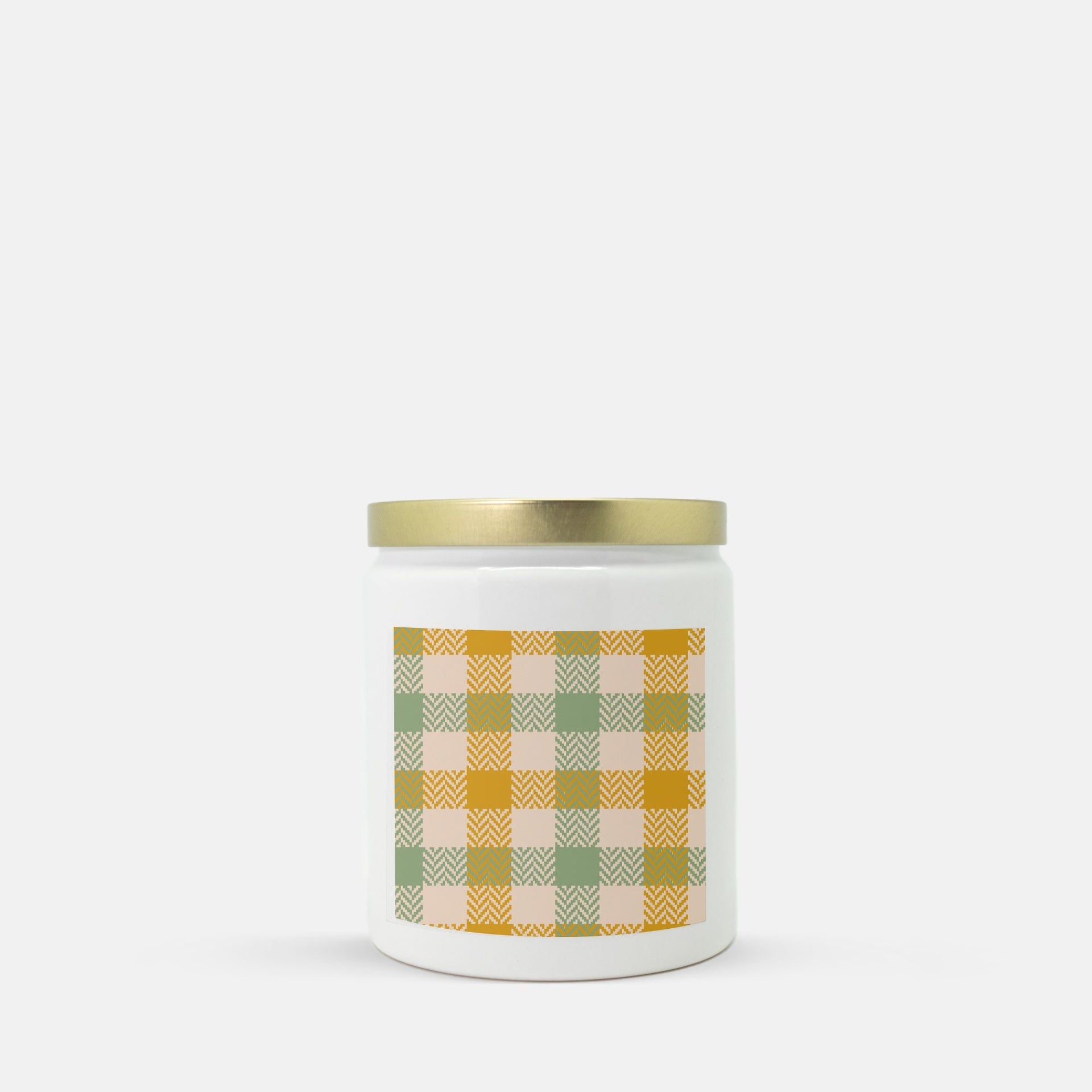 Lifestyle Details - Yellow & Green Plaid Ceramic Candle w Gold Lid - Macintosh