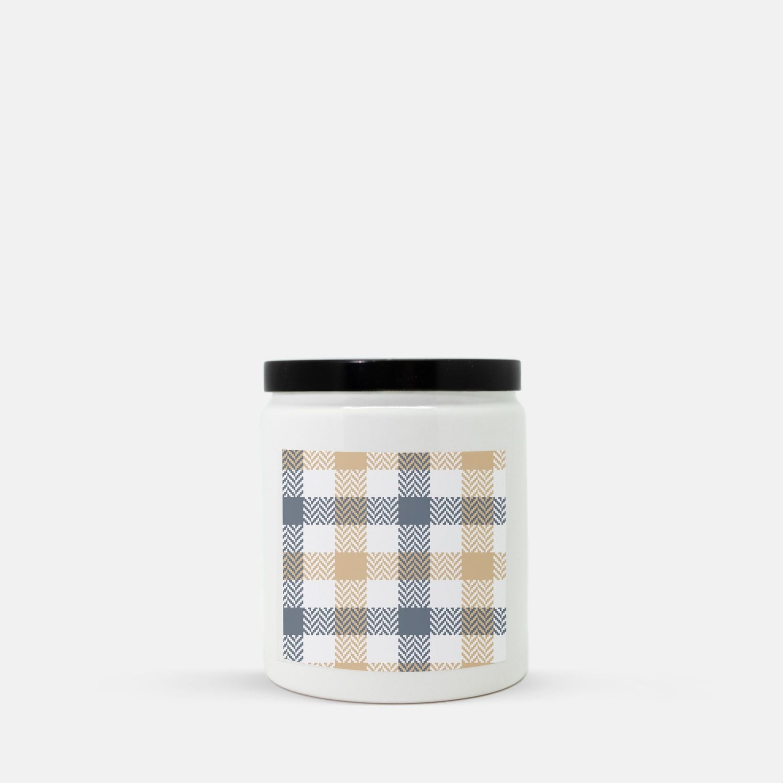 Lifetyle Details - Blue-Grey & Natural Plaid Ceramic Candle w Black Lid - Vanilla Bean