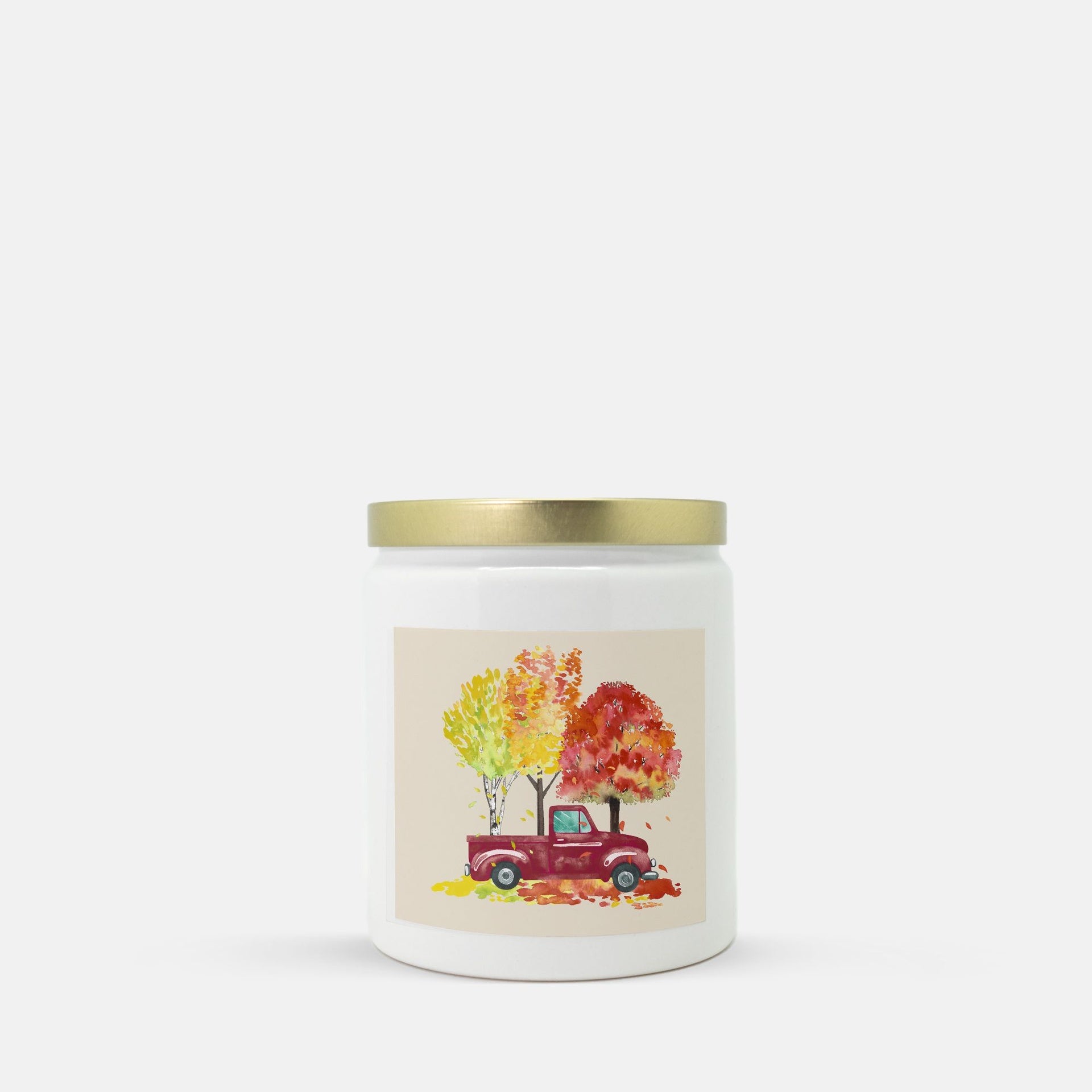 Lifetyle Details - Red Rustic Truck & Trees Ceramic Candle w Gold Lid - Macintosh