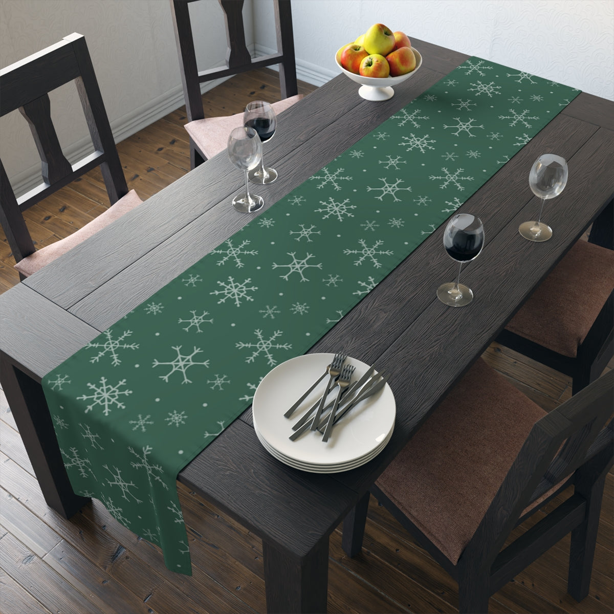 Green Holiday Table Runner - Snowflakes