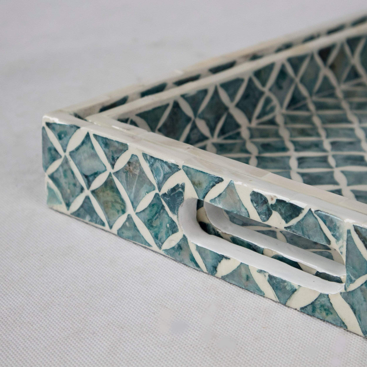 Mother of Pearl Inlay Nacre Rectangular Wood Serving Tray - Set of 2