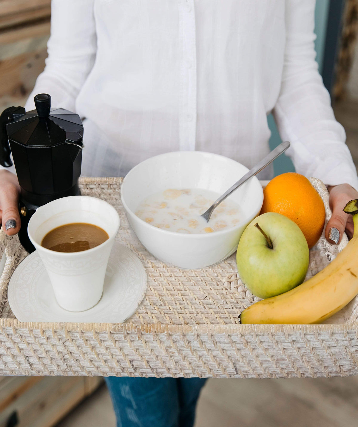 Large Rectangular Rattan Serving Trays with Handles
