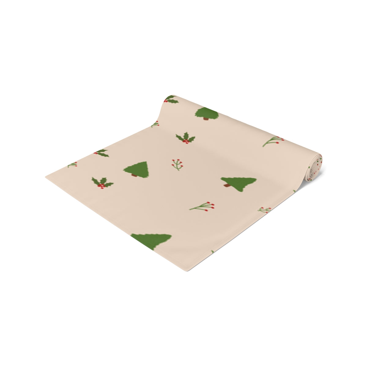 Beige Holiday Table Runner - Holly & Evergreen Trees