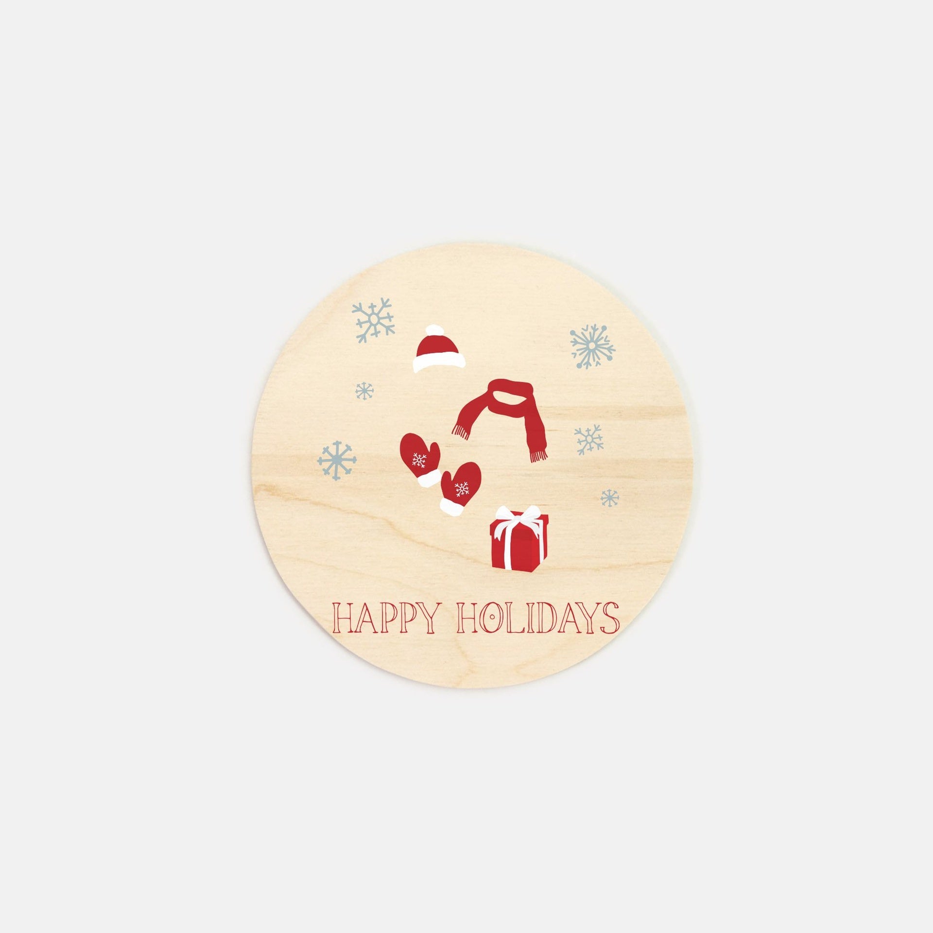 6" Round Wood Sign - Red Happy Holidays