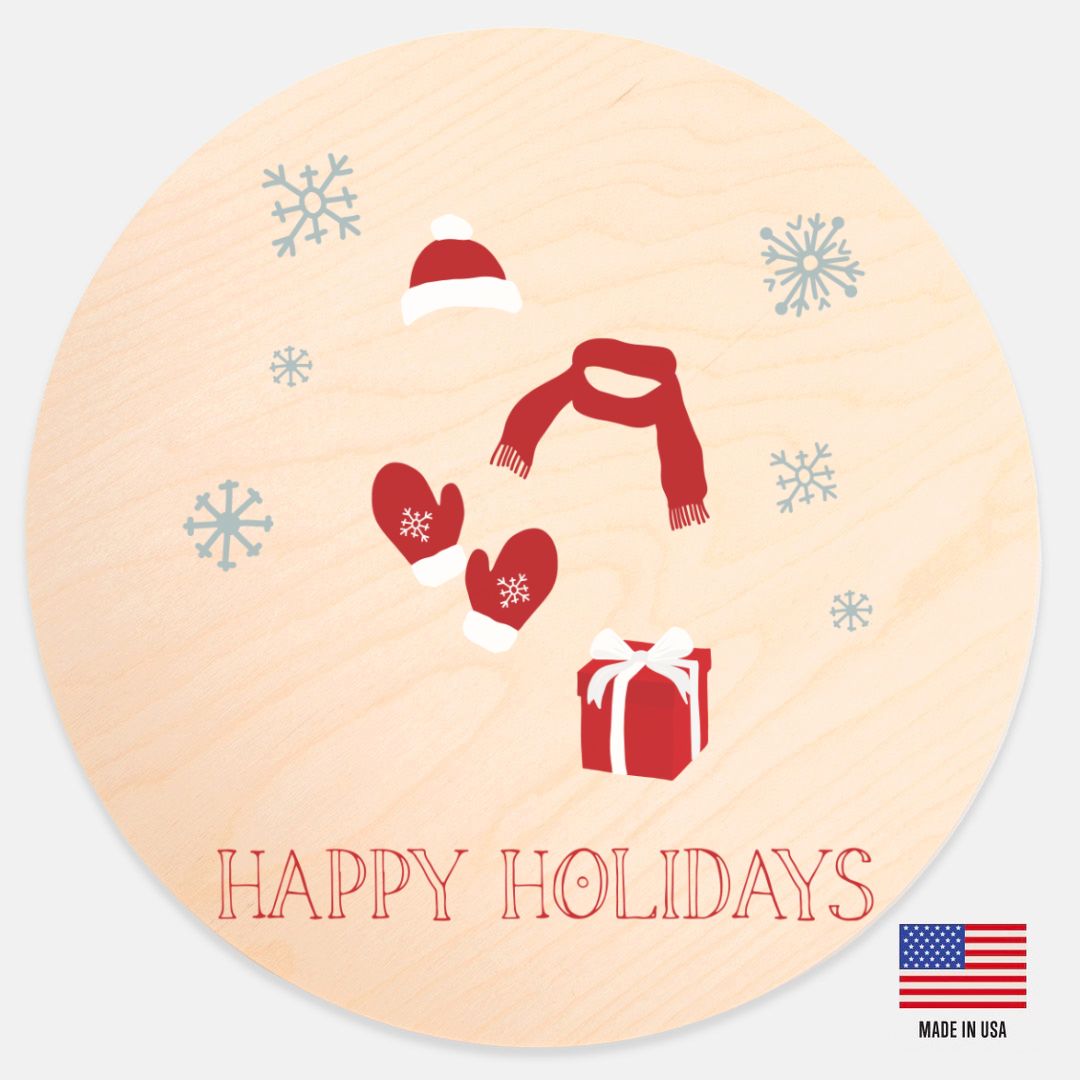 12" Round Wood Sign - Red Happy Holidays