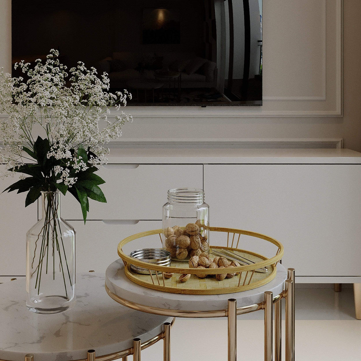 Bamboo Wicker Round Serving Trays with Handles