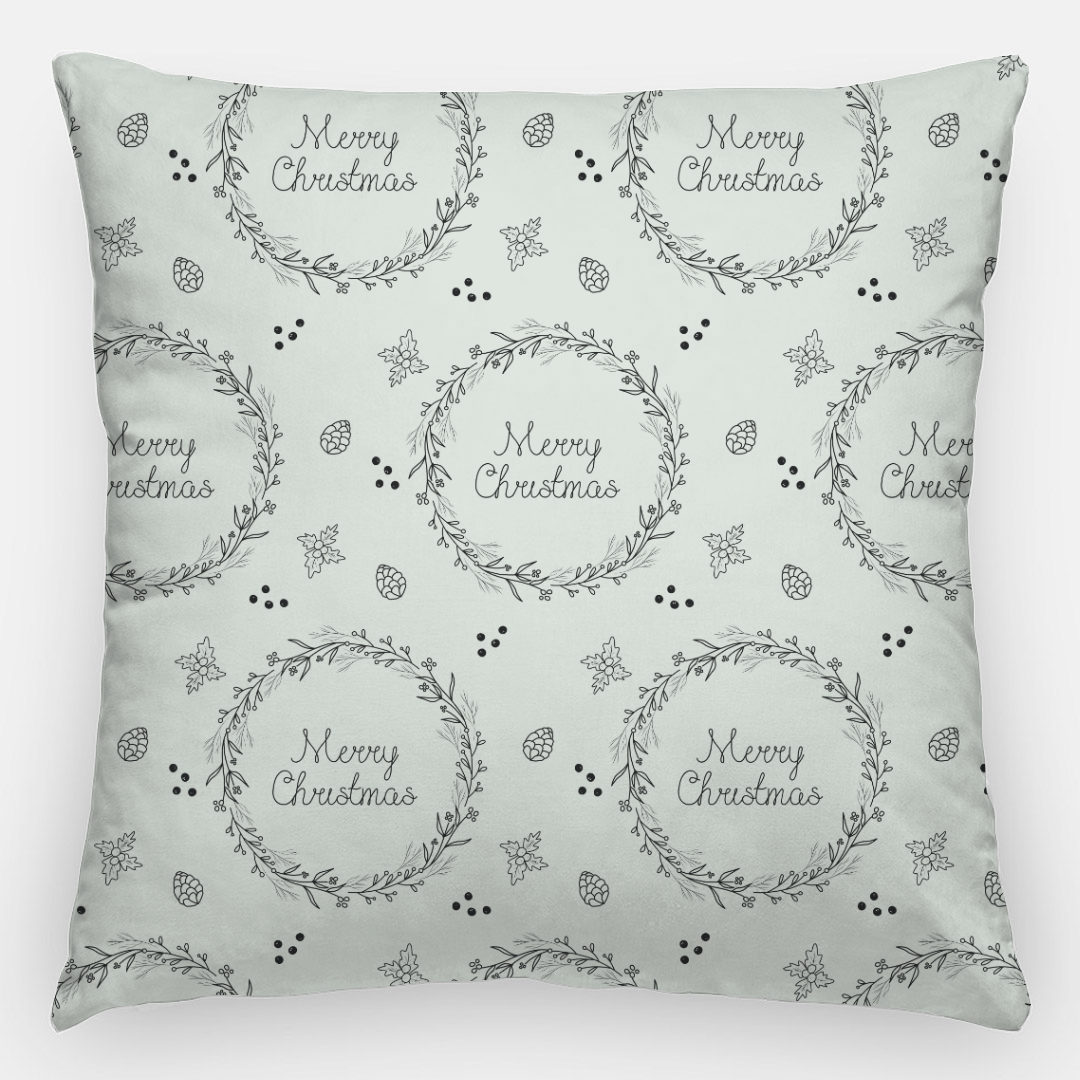 24x24 Holiday Polyester Pillowcase - Black Merry Christmas Wreaths