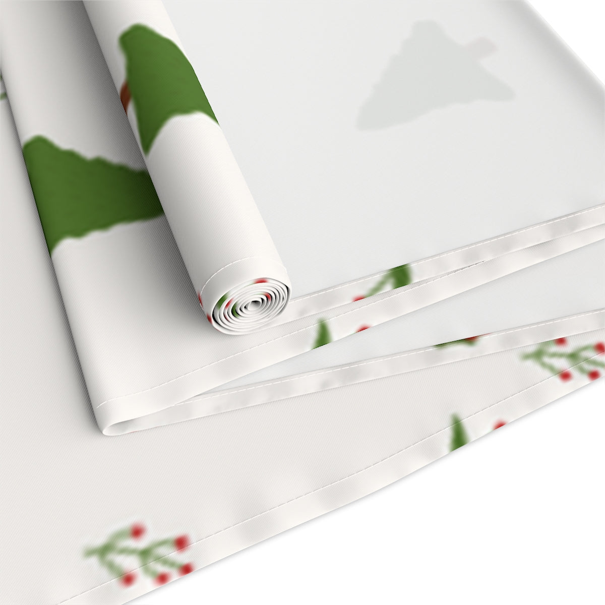 White Holiday Table Runner - Holly & Evergreen Trees