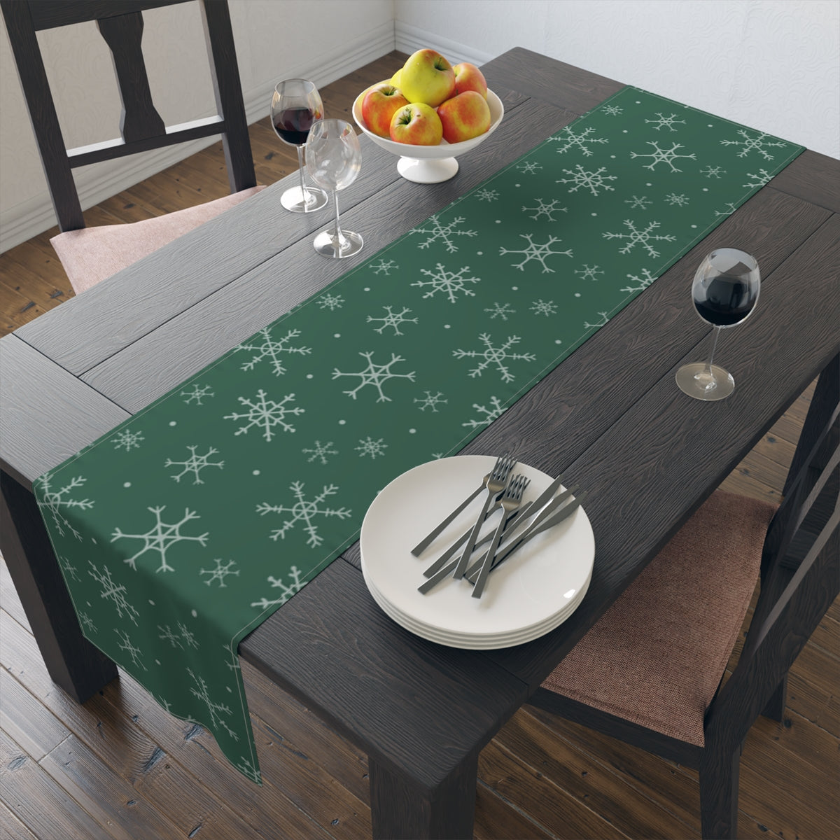 Green Holiday Table Runner - Snowflakes