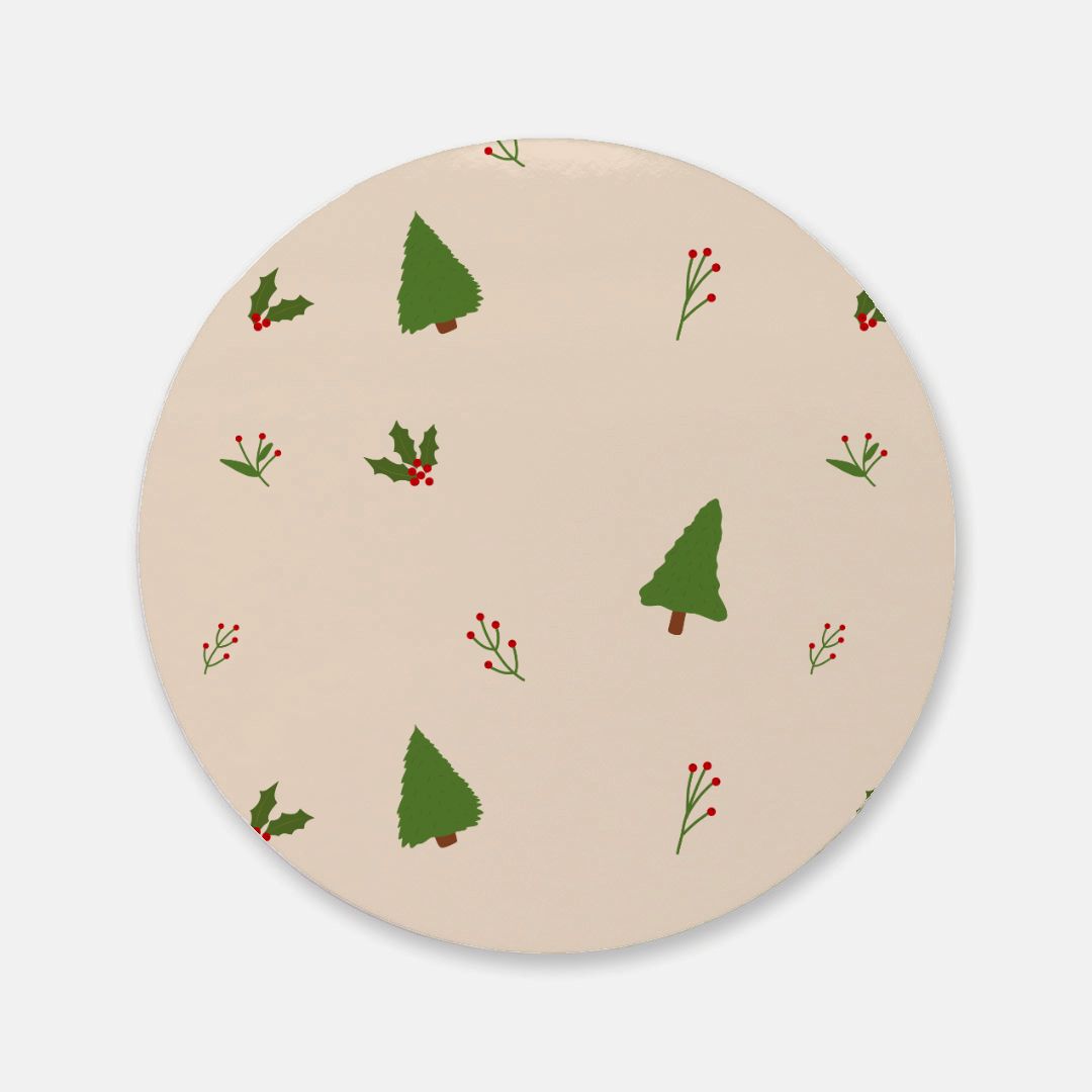 Round Cork Back Coaster - Evergreen Trees & Holly