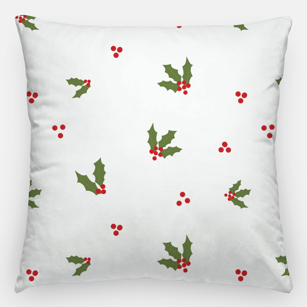 24x24 White Holiday Polyester Pillowcase - Red & Green Holly