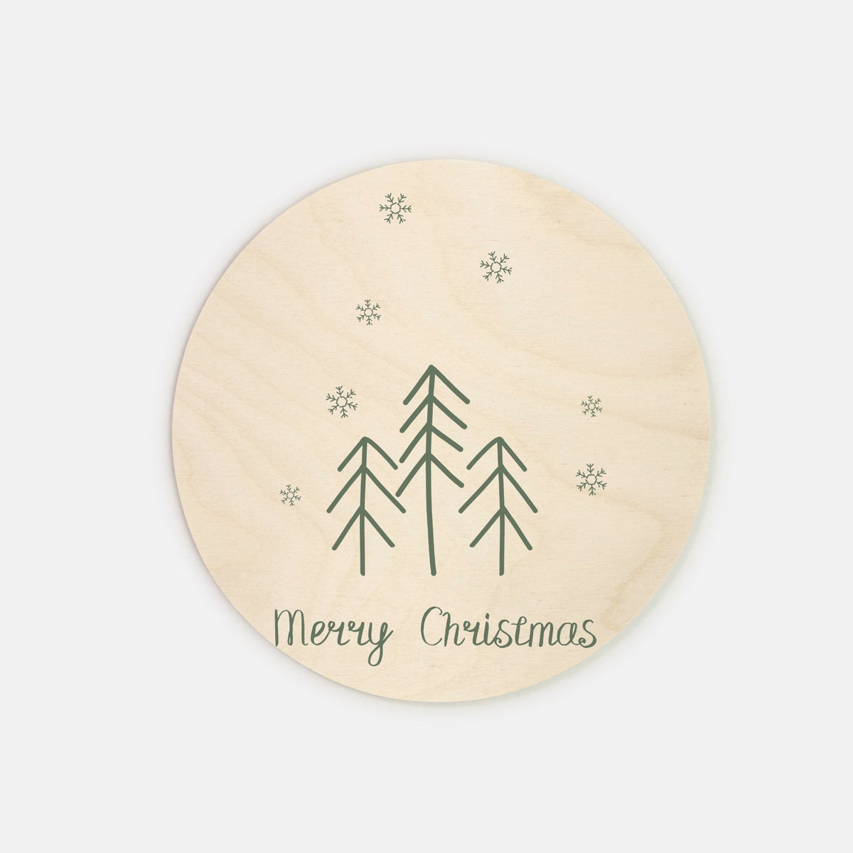 8" Round Wood Sign - Merry Christmas Evergreens & Snowflakes