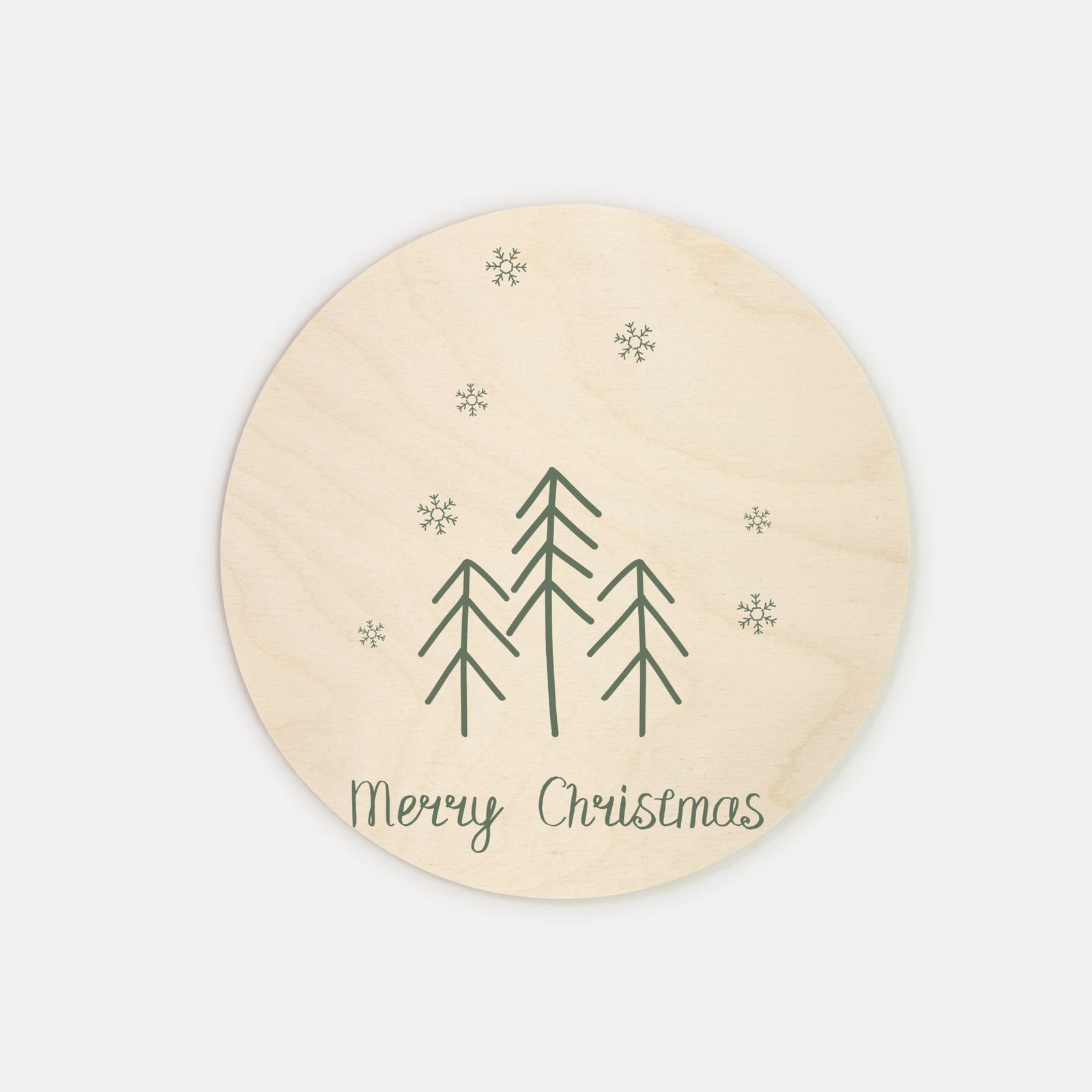 8" Round Wood Sign - Merry Christmas Evergreens & Snowflakes