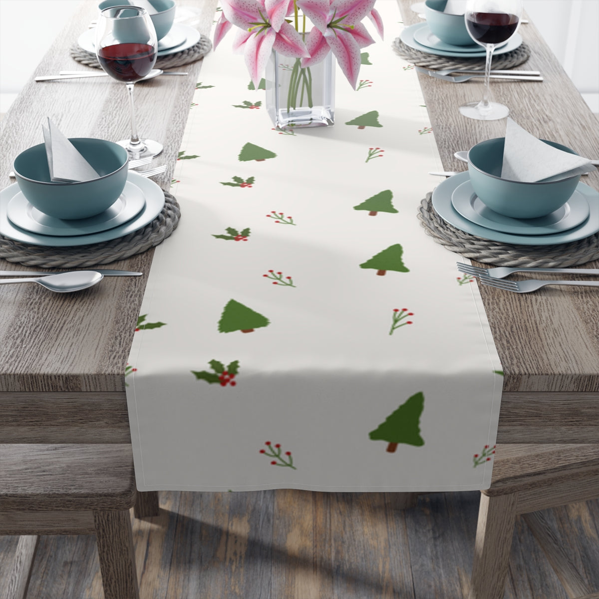 White Holiday Table Runner - Holly & Evergreen Trees