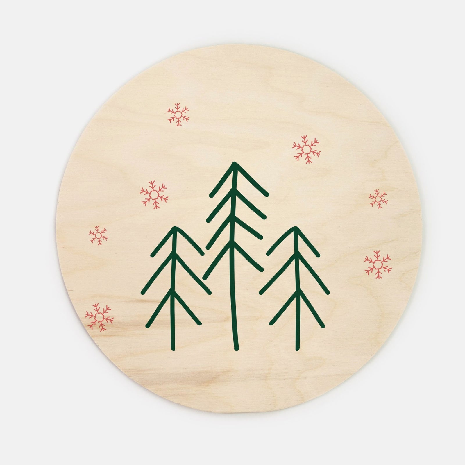 10" Round Wood Sign - Evergreen Trees & Red Snowflakes