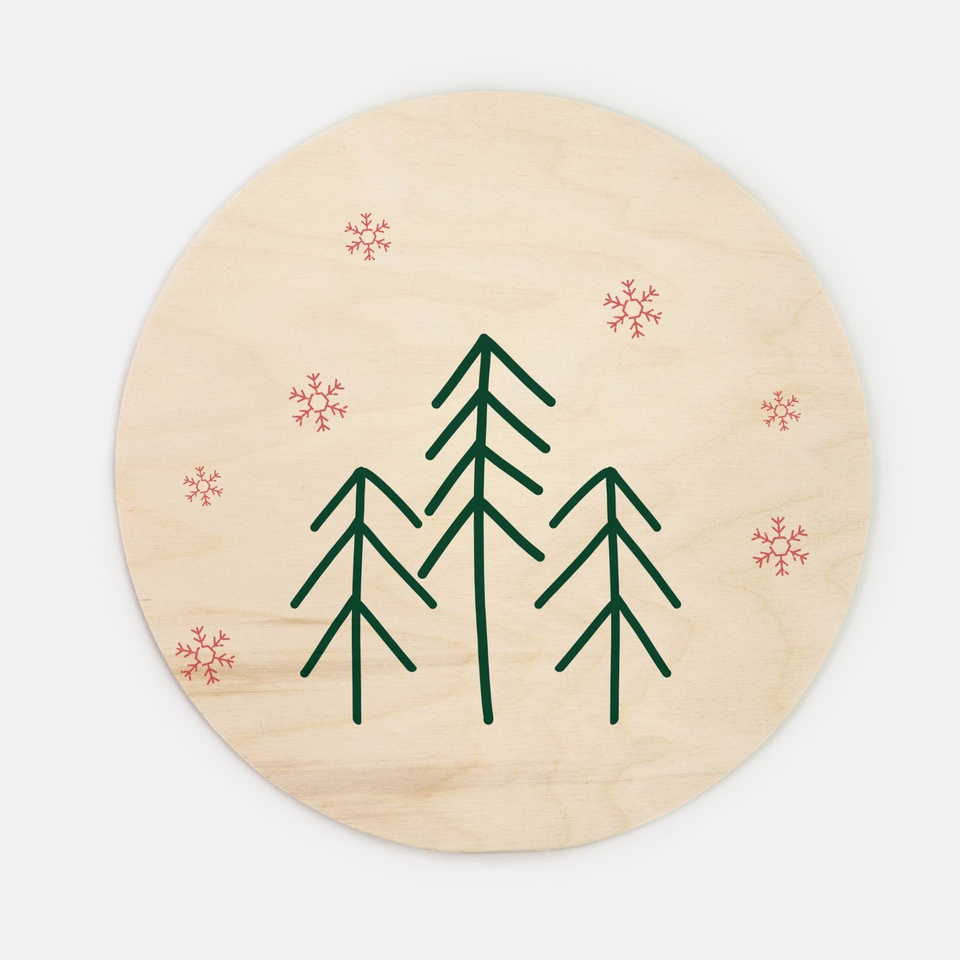 10" Round Wood Sign - Evergreen Trees & Red Snowflakes