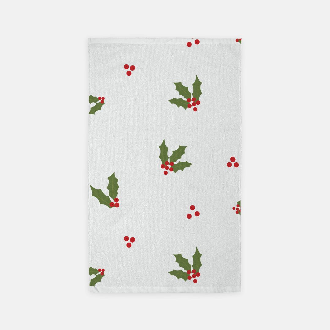 White Holiday Hand Towel - Red & Green Holly