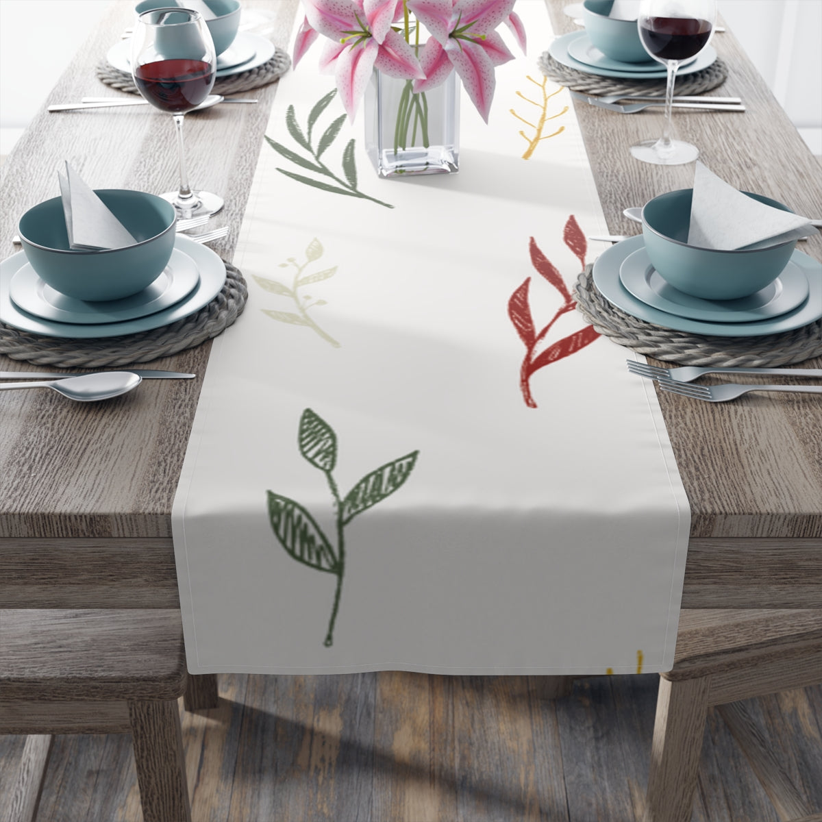 White Holiday Table Runner - Colorful Garland