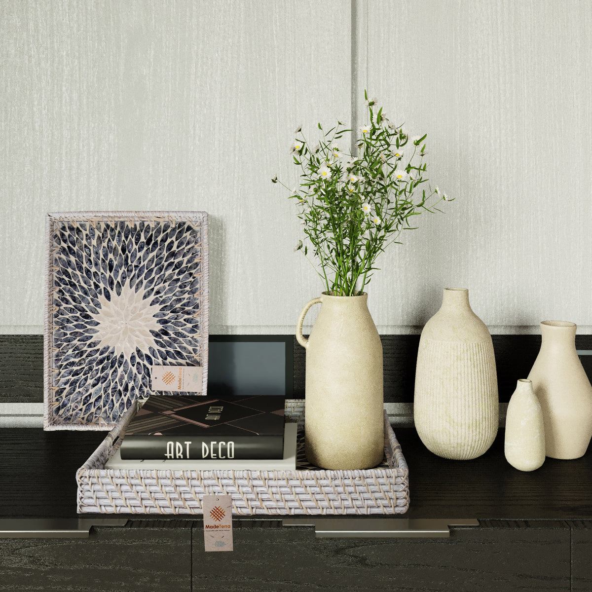 Rectangular Rattan Wicker Tray - Set of 2