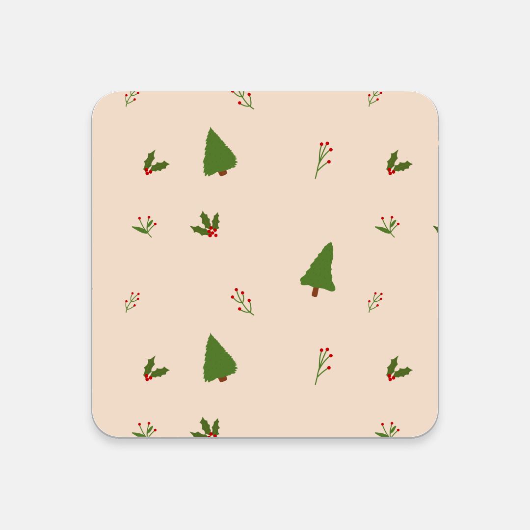 Cork Back Coaster - Evergreen Trees & Holly