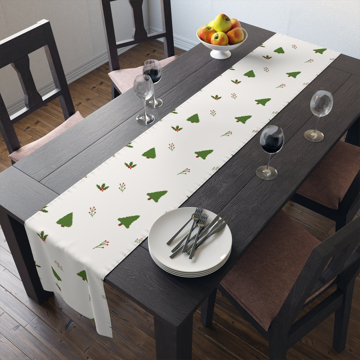 White Holiday Table Runner - Holly & Evergreen Trees