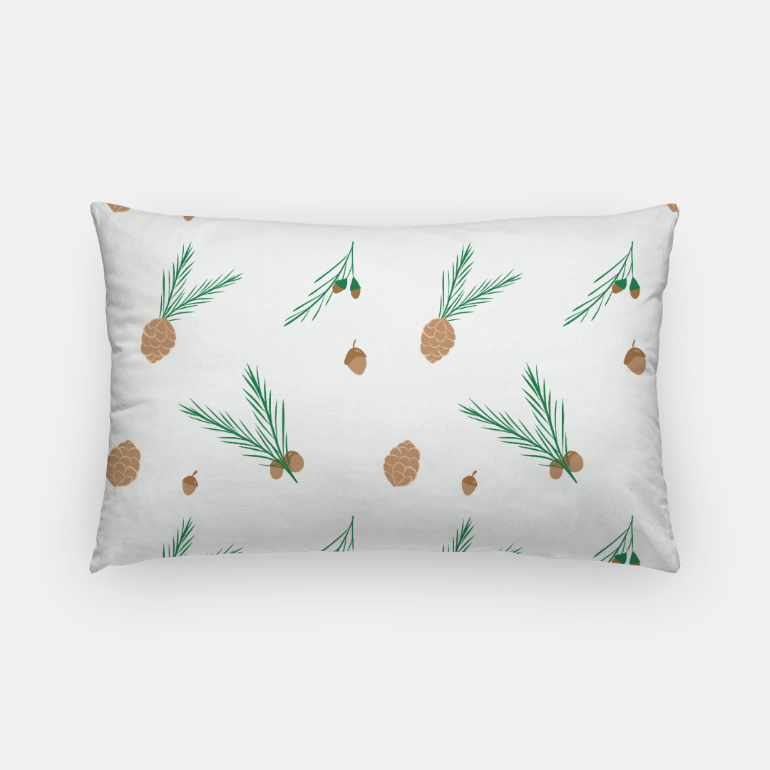White Holiday Lumbar Pillowcase - Pinecones & Acorns