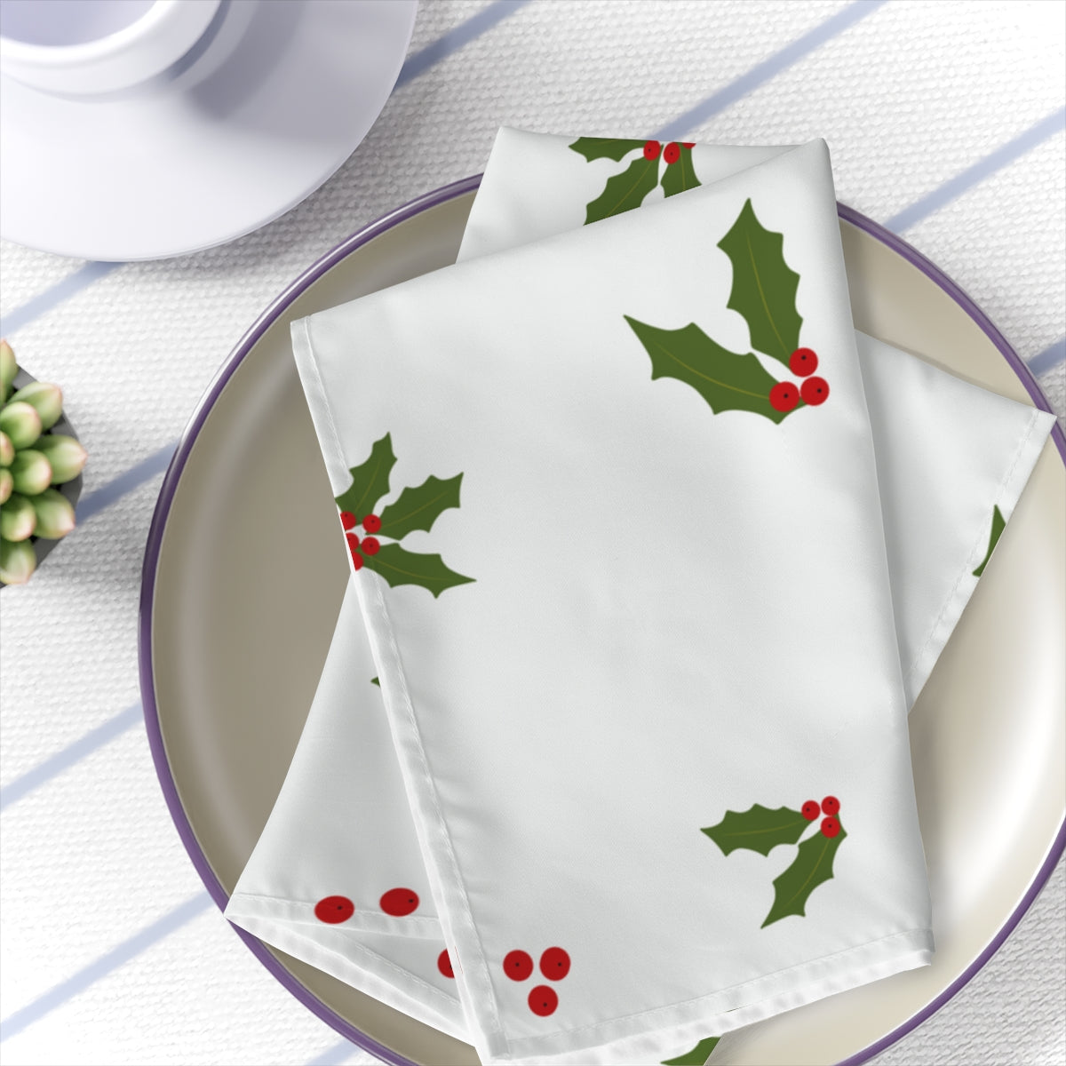 White Holiday Napkins - Red & Green Holly