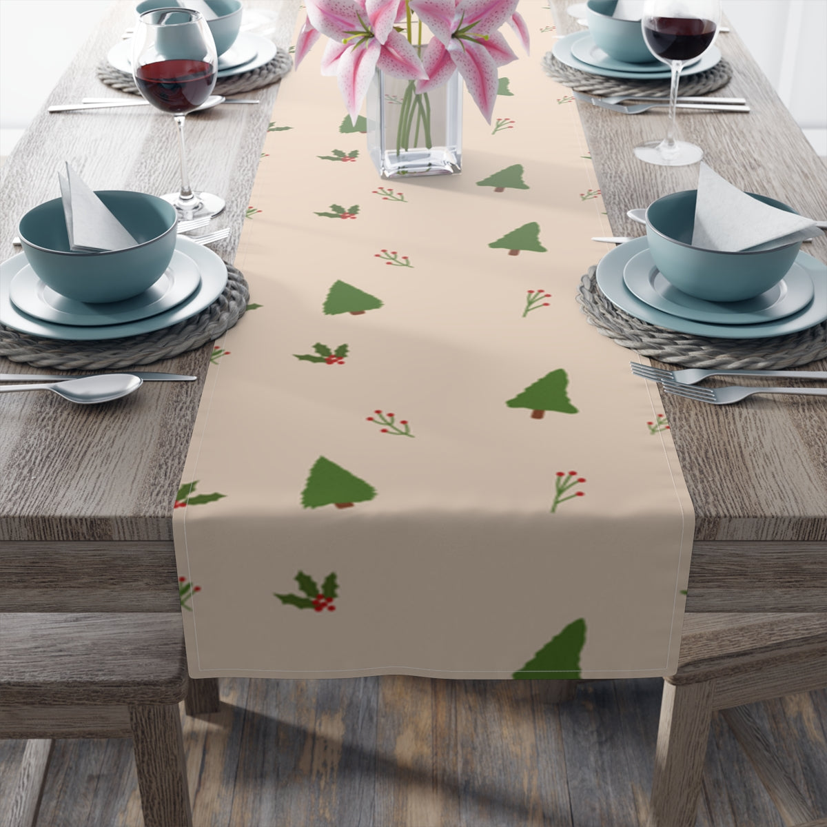 Beige Holiday Table Runner - Holly & Evergreen Trees