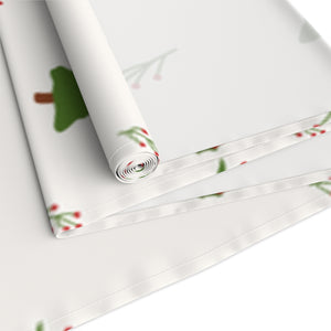 White Holiday Table Runner - Holly & Evergreen Trees