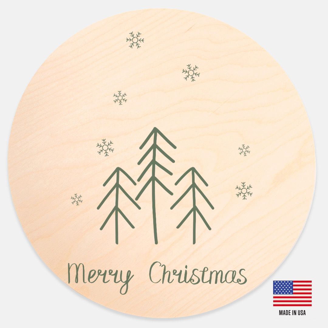 12" Round Wood Sign - Merry Christmas & Snowflakes