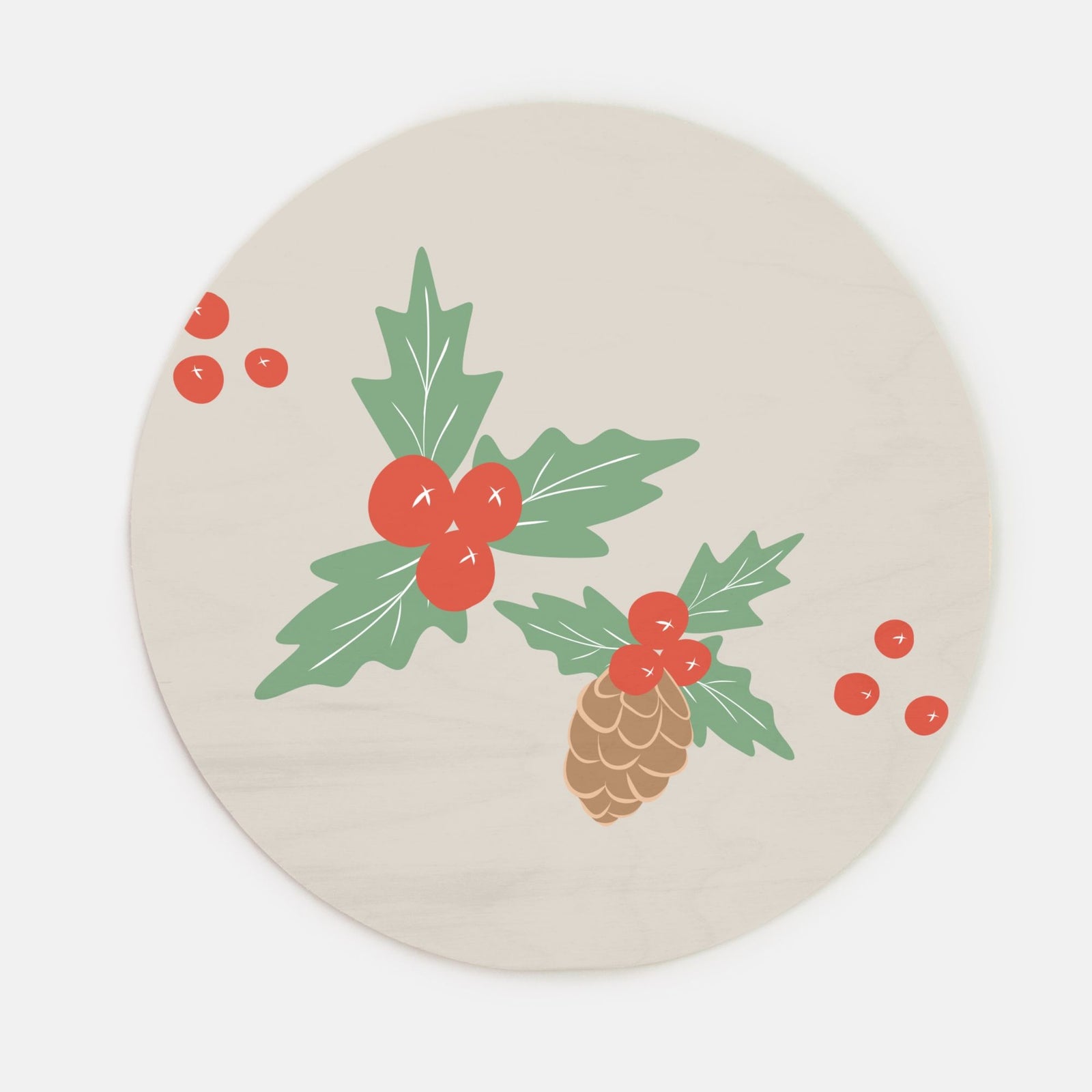 10" Round Wood Sign - Pinecone & Holly