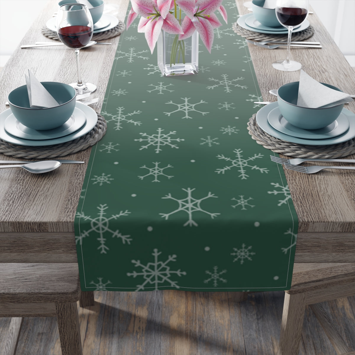 Green Holiday Table Runner - Snowflakes