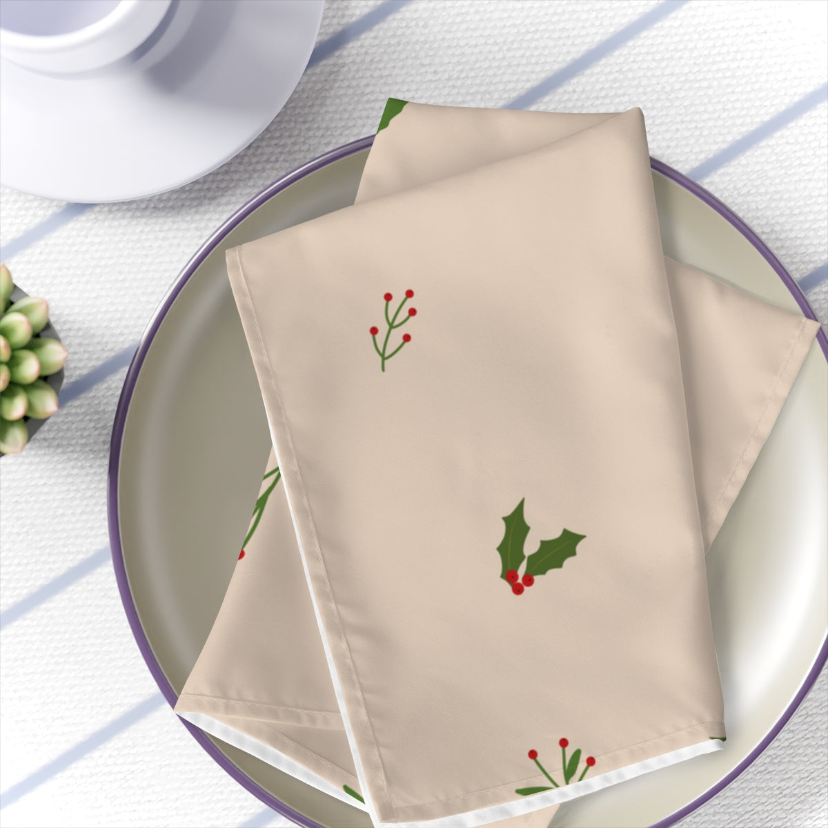 Beige Holiday Napkins - Evergreen Trees & Holly