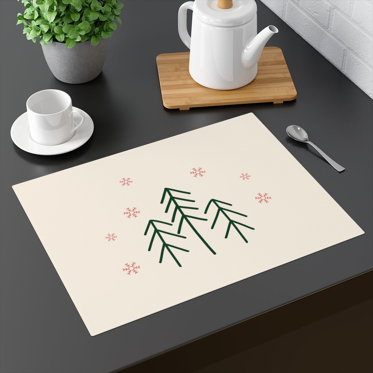 Holiday Table Placemat - Evergreens & Red Snowflakes