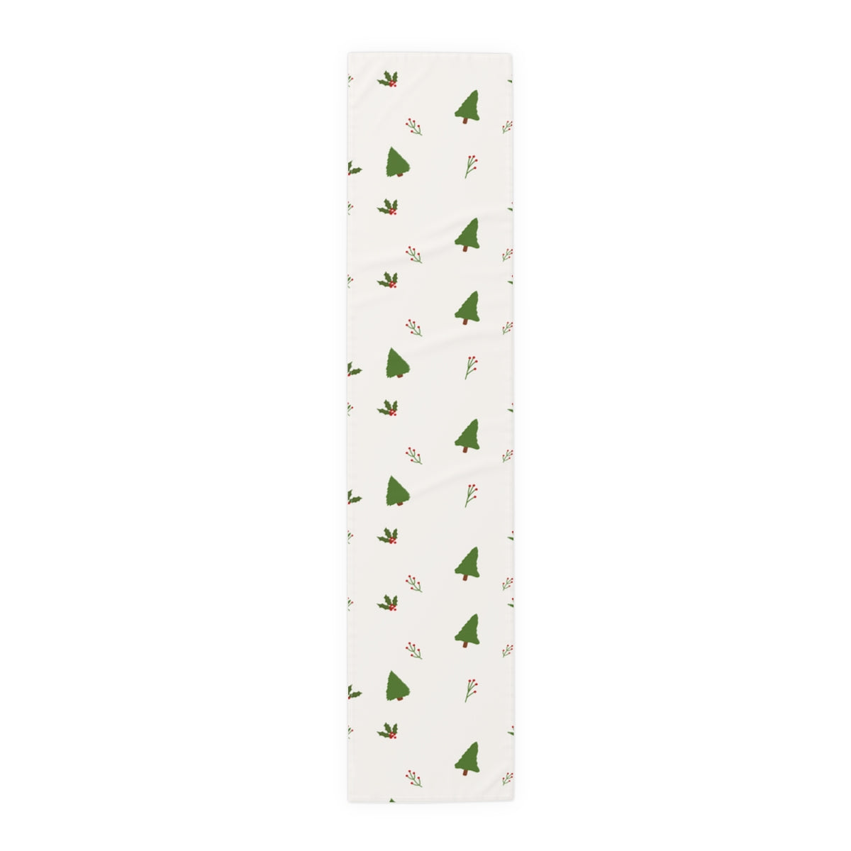 White Holiday Table Runner - Holly & Evergreen Trees