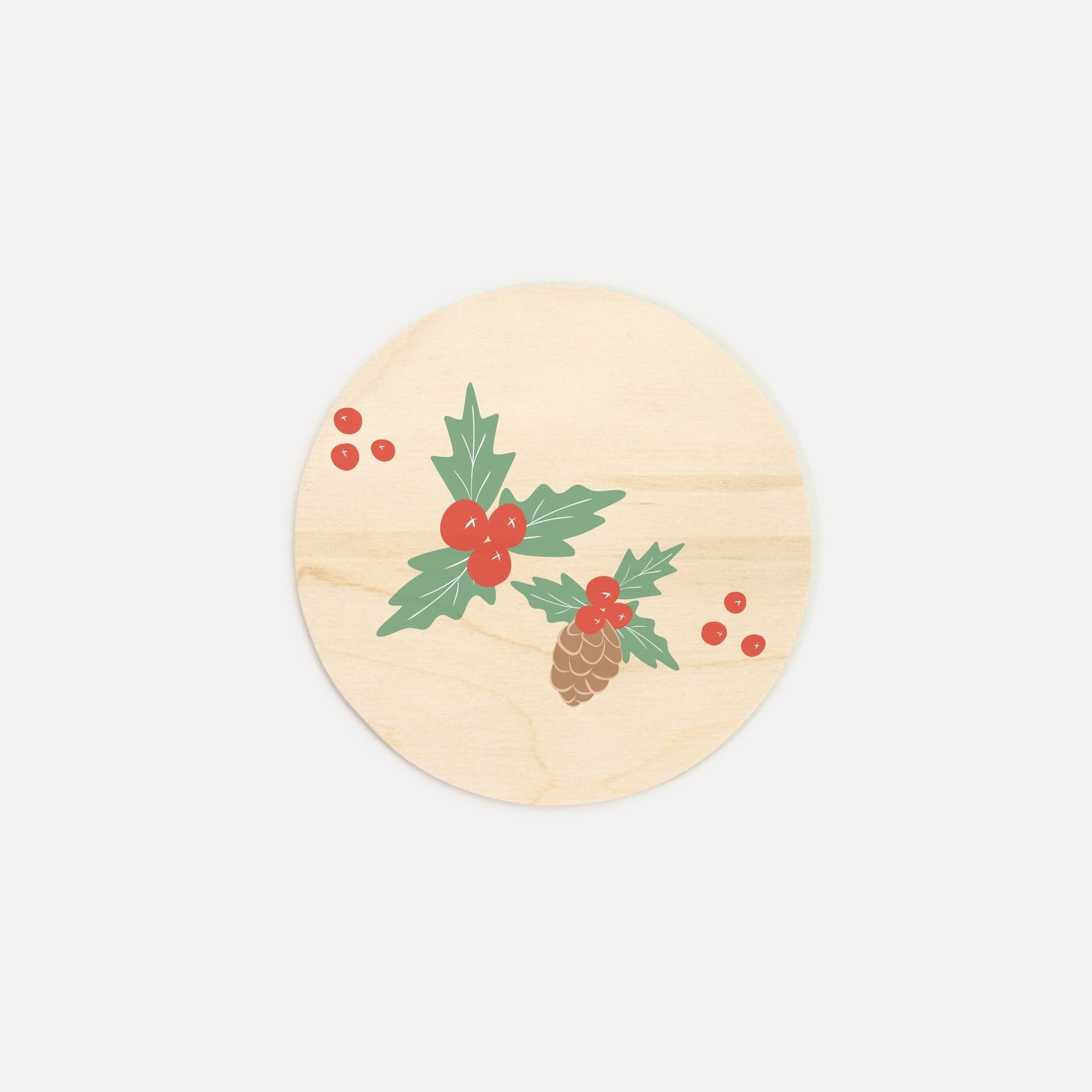 6" Round Wood Sign - Pinecones & Holly