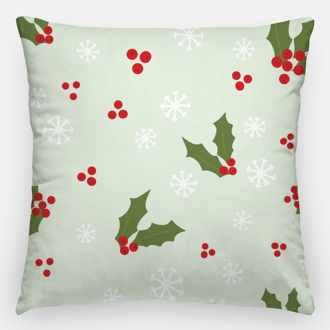 24x24 Holiday Polyester Pillowcase - Holly & Snowflakes
