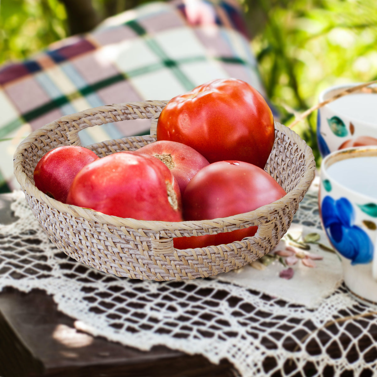 Rattan Wicker Tray with Wooden Base & Insert Handle