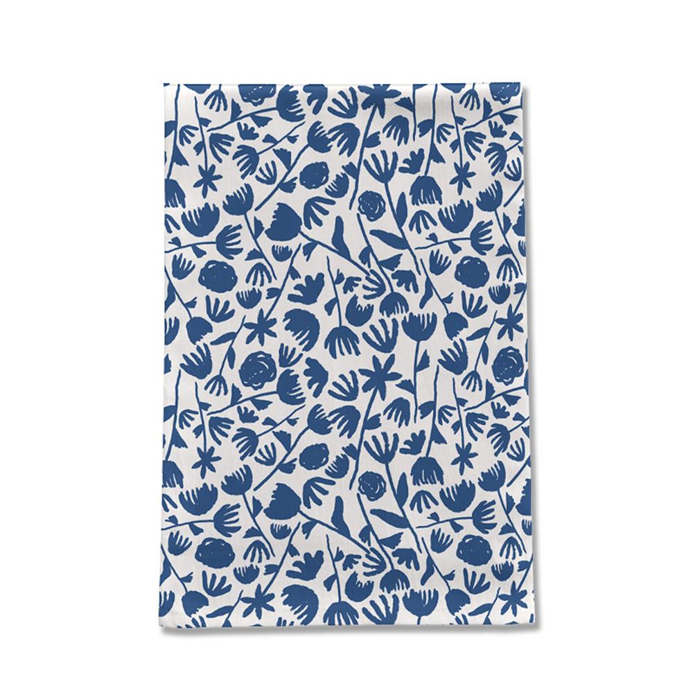 Dark Blue Ink Floral Tea Towel