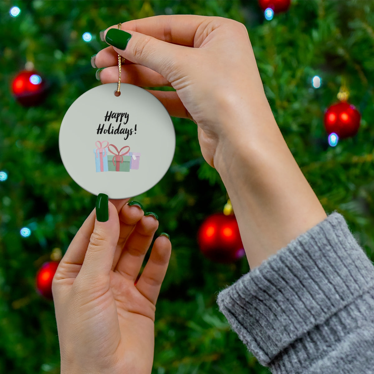 Ceramic Holiday Ornament - Happy Holiday & Presents
